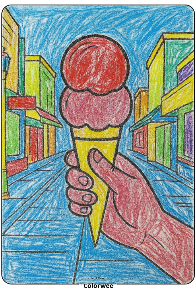 Hand holding ice cream cone coloring page in colorful city street.