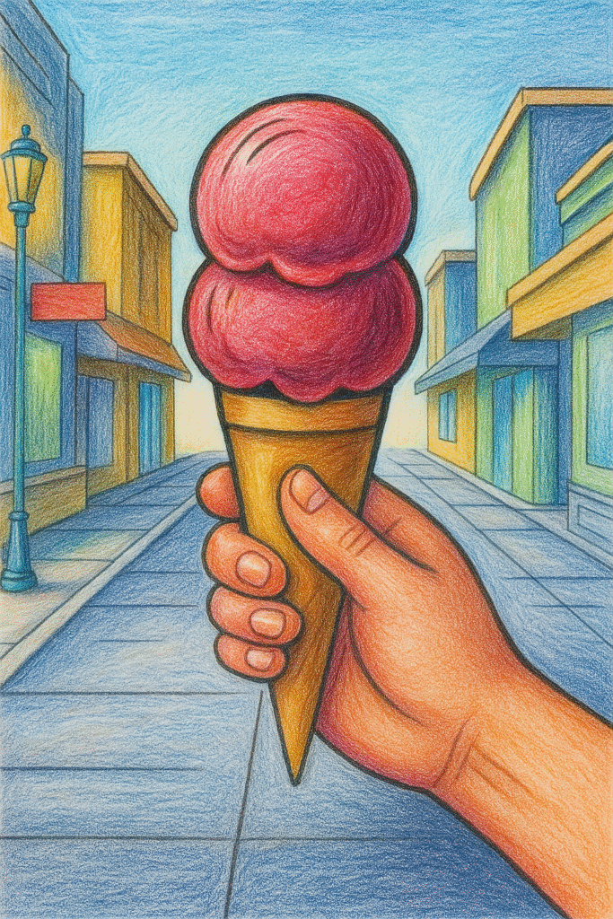 Hand holding ice cream cone in colorful street scene. Coloring page.