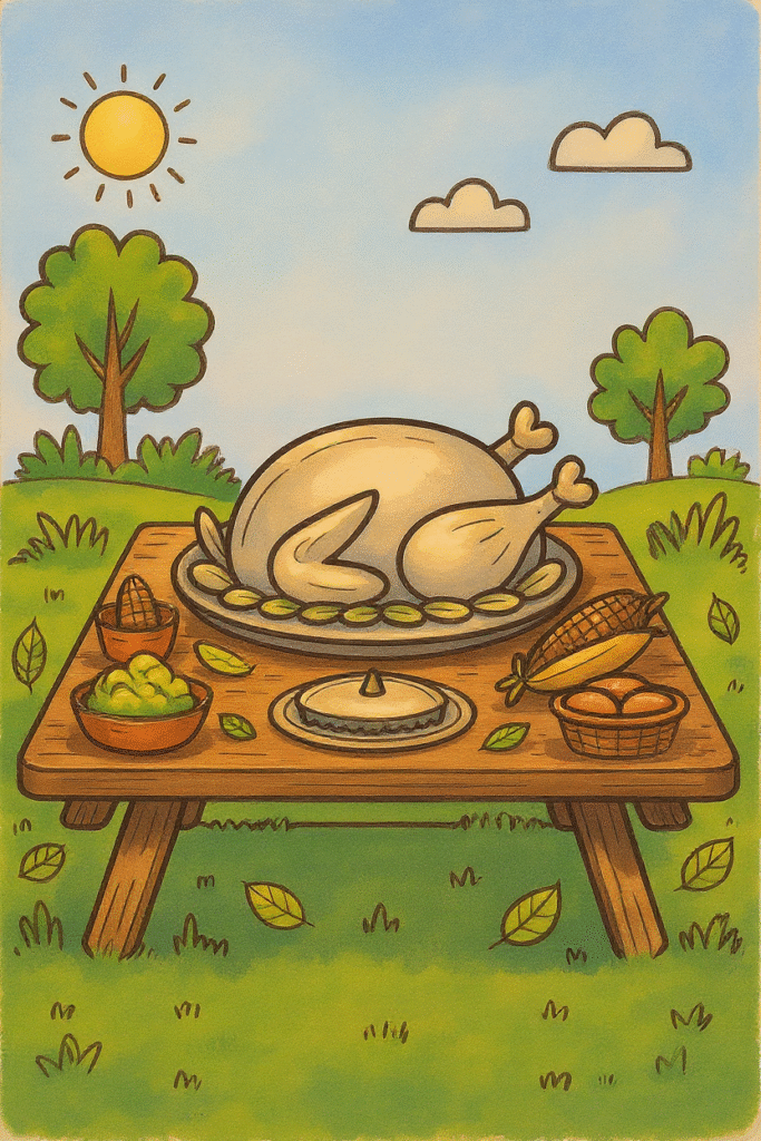 Thanksgiving picnic coloring page with turkey and sun.