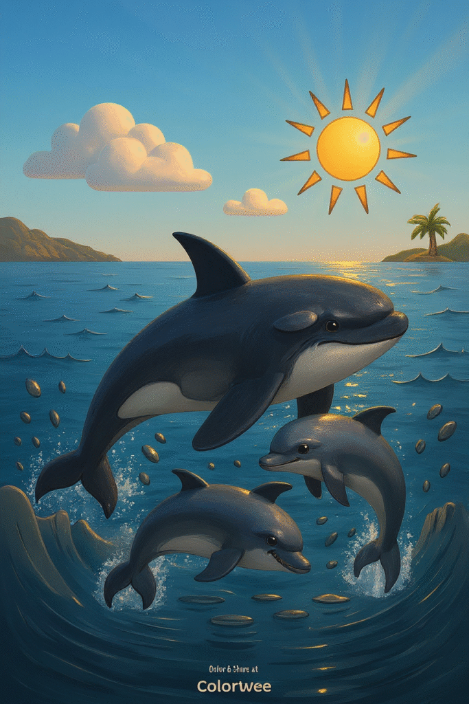 Dolphins jumping in ocean coloring page, sun and waves visible.