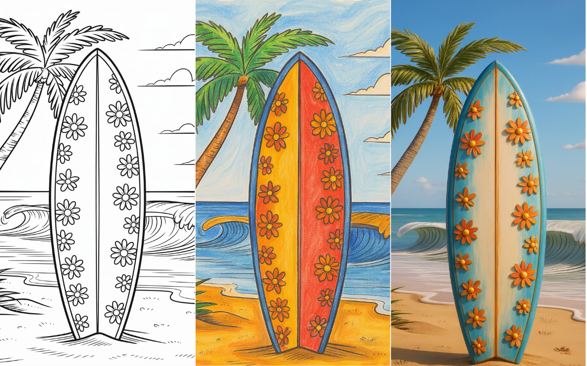 Surfboard coloring page with palm trees and floral designs.