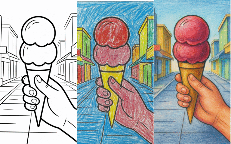Hand holding ice cream cone in city street coloring page.