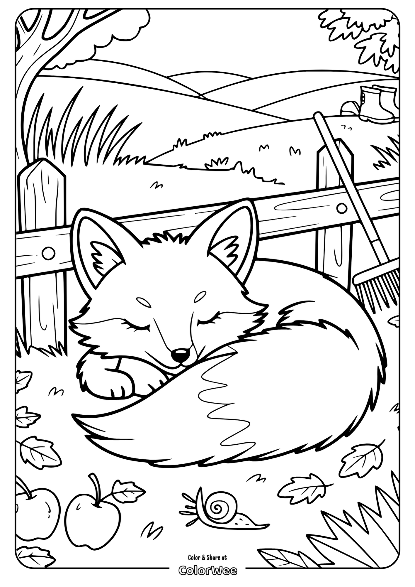 Sleeping fox in a scenic country garden coloring page.