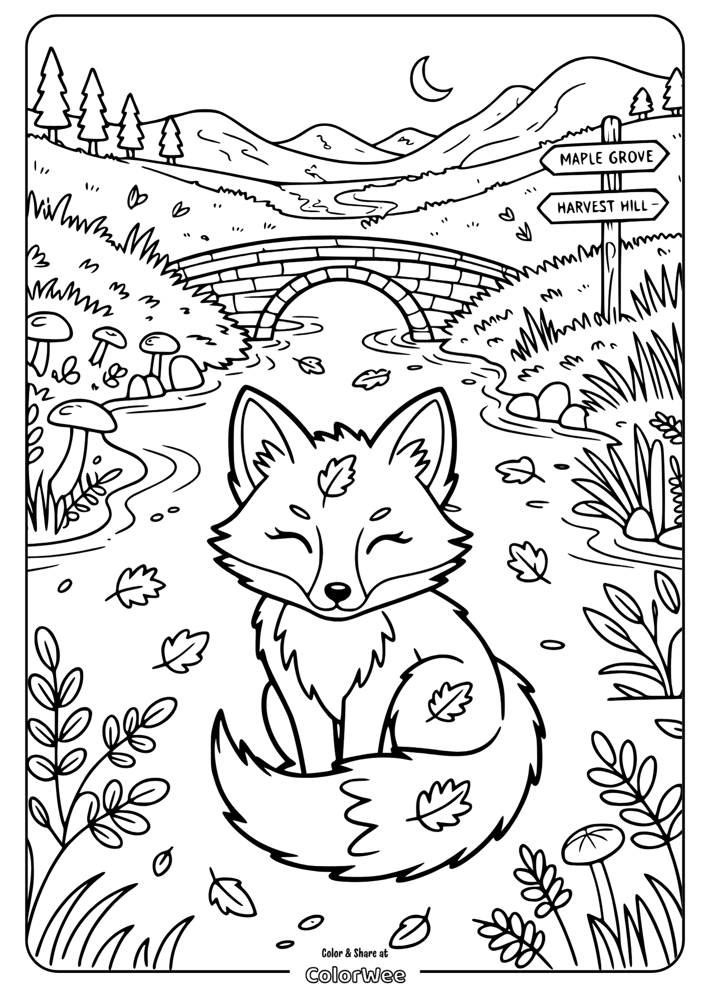Cute fox in a forest with a stone bridge and signposts coloring page.