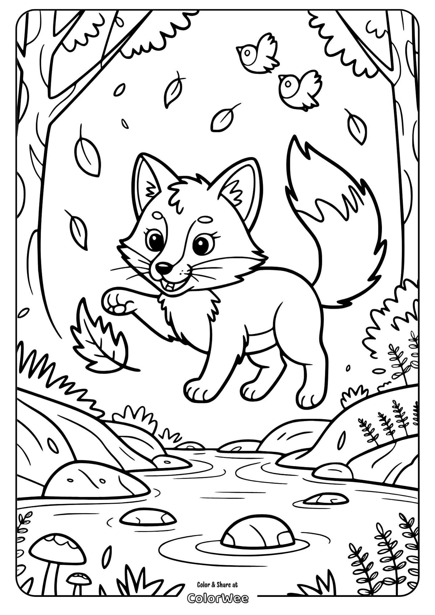 Cute fox and birds in forest coloring page for kids.