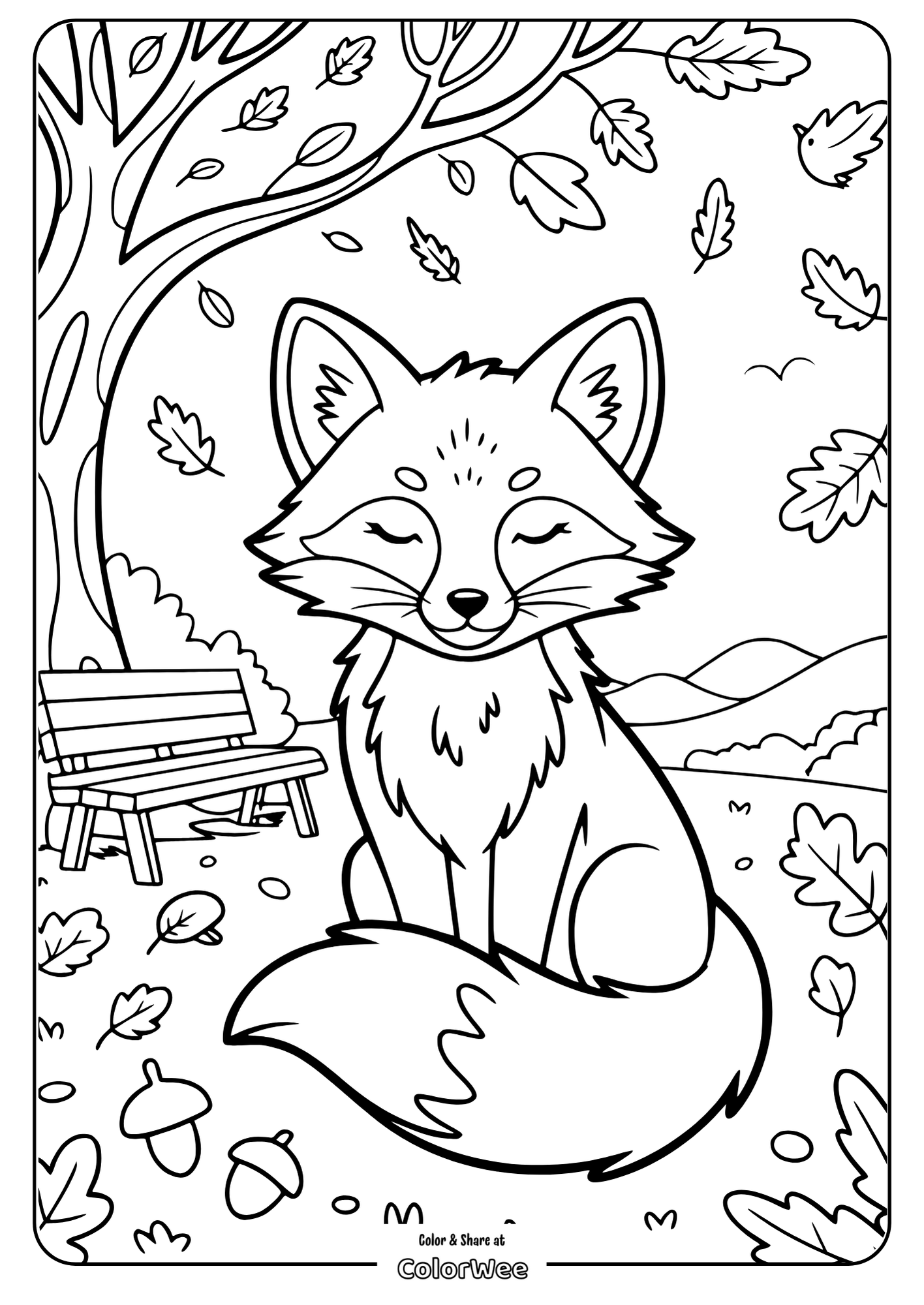 Fox coloring page in autumn park scene with acorns and leaves.