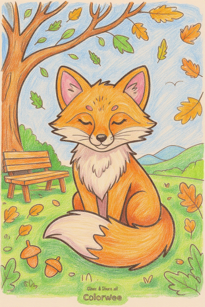 Cheerful fox in autumn park with leaves and acorns coloring page.