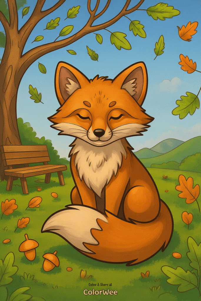 Smiling fox in autumn park coloring page.
