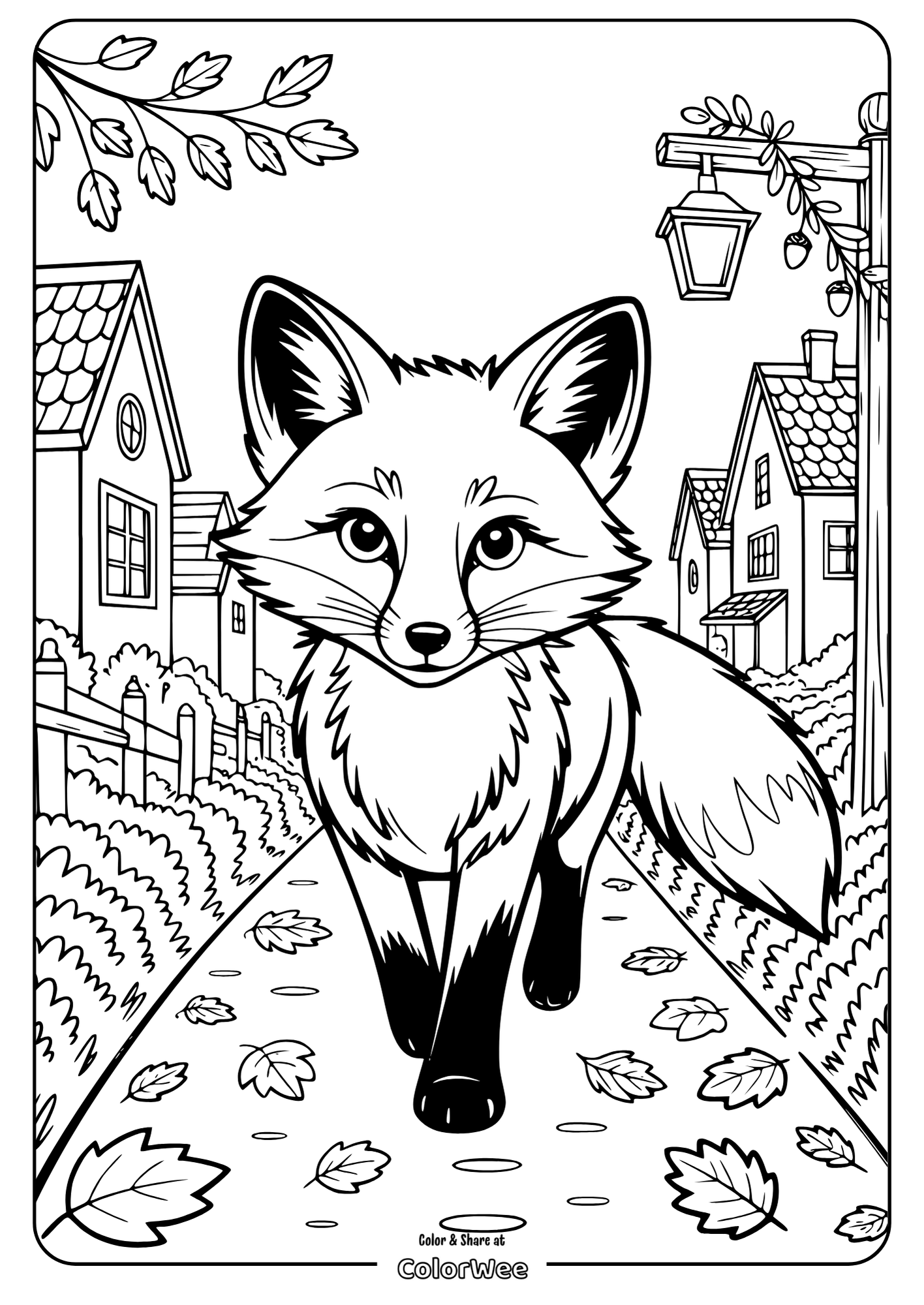 Fox coloring page with houses and autumn leaves.