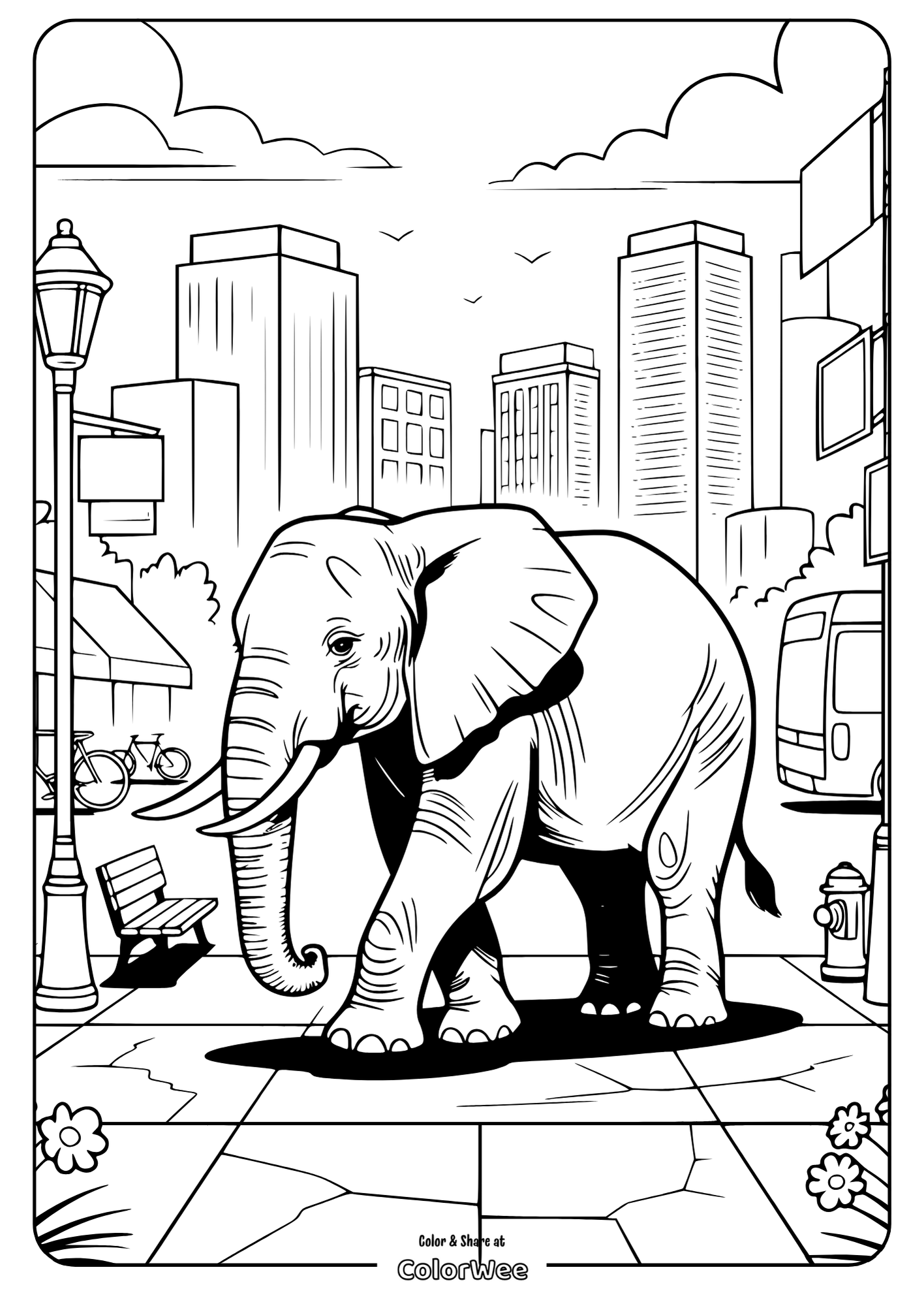 Elephant coloring page in the city with skyscrapers and street scene.