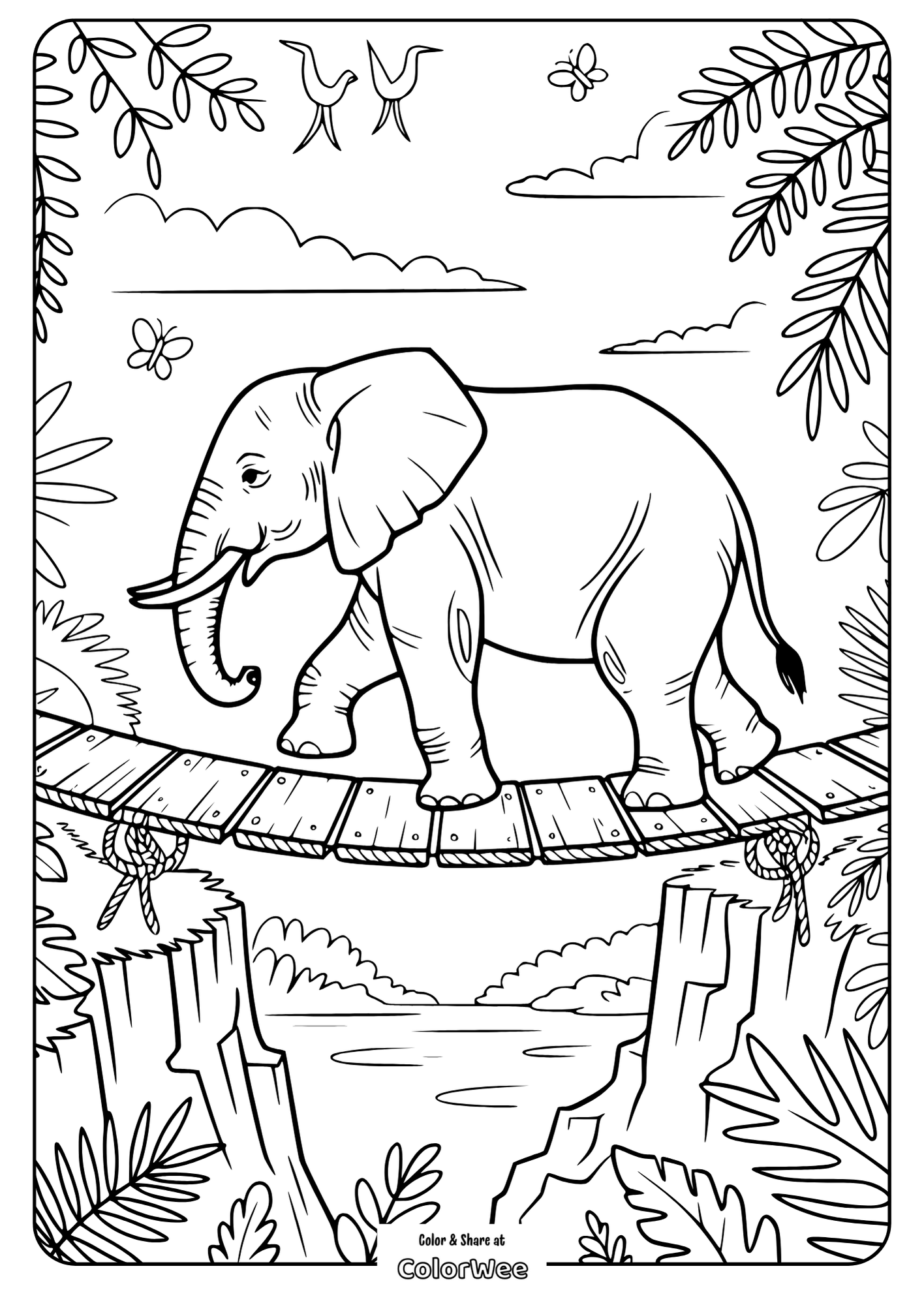 Elephant crossing a jungle bridge coloring page.