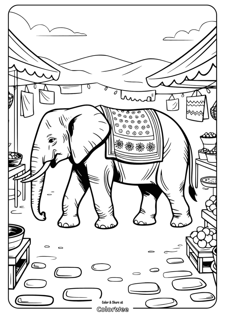 Elephant in a market coloring page, detailed and fun for kids.
