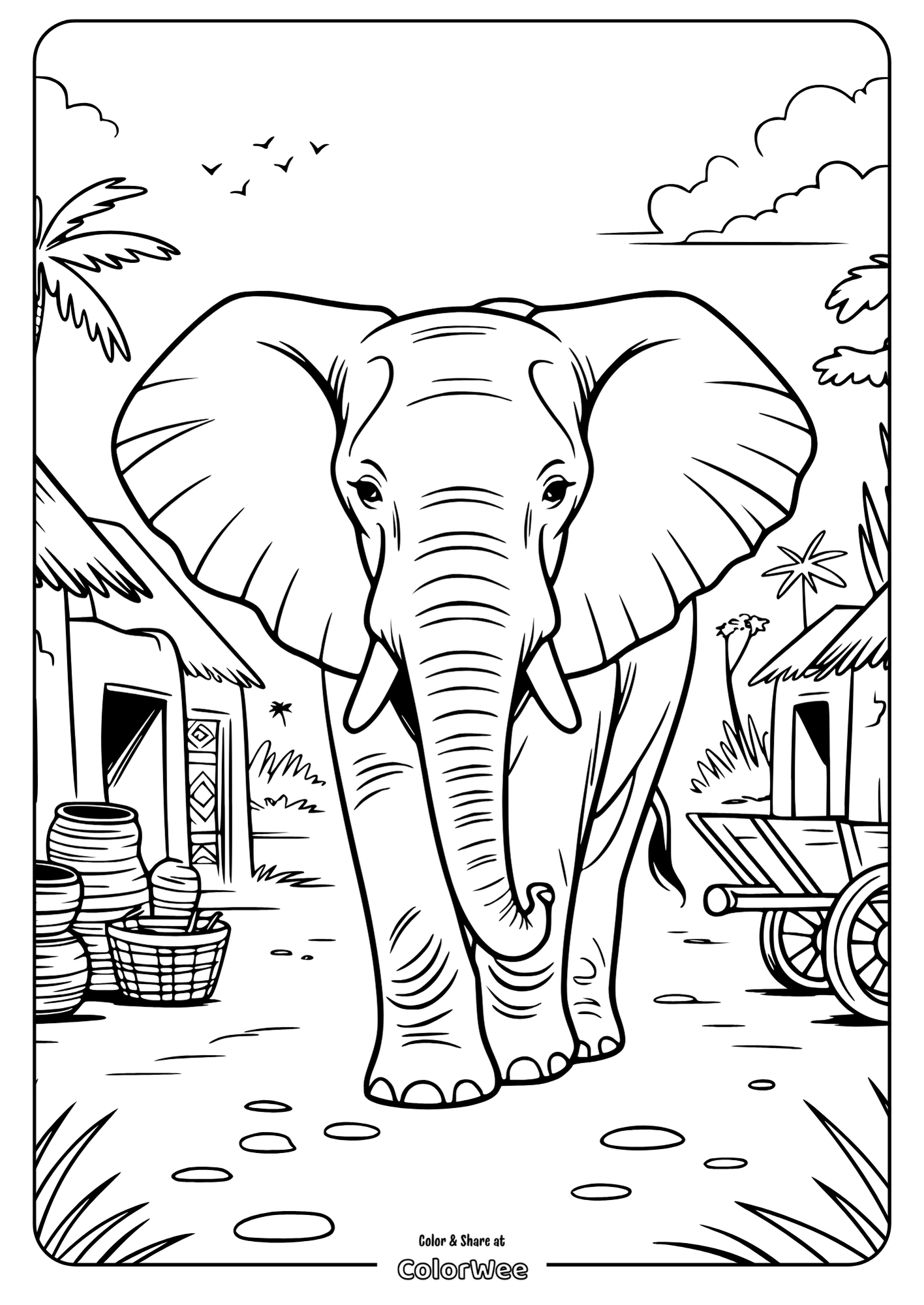 Elephant coloring page in village setting, printable for kids.