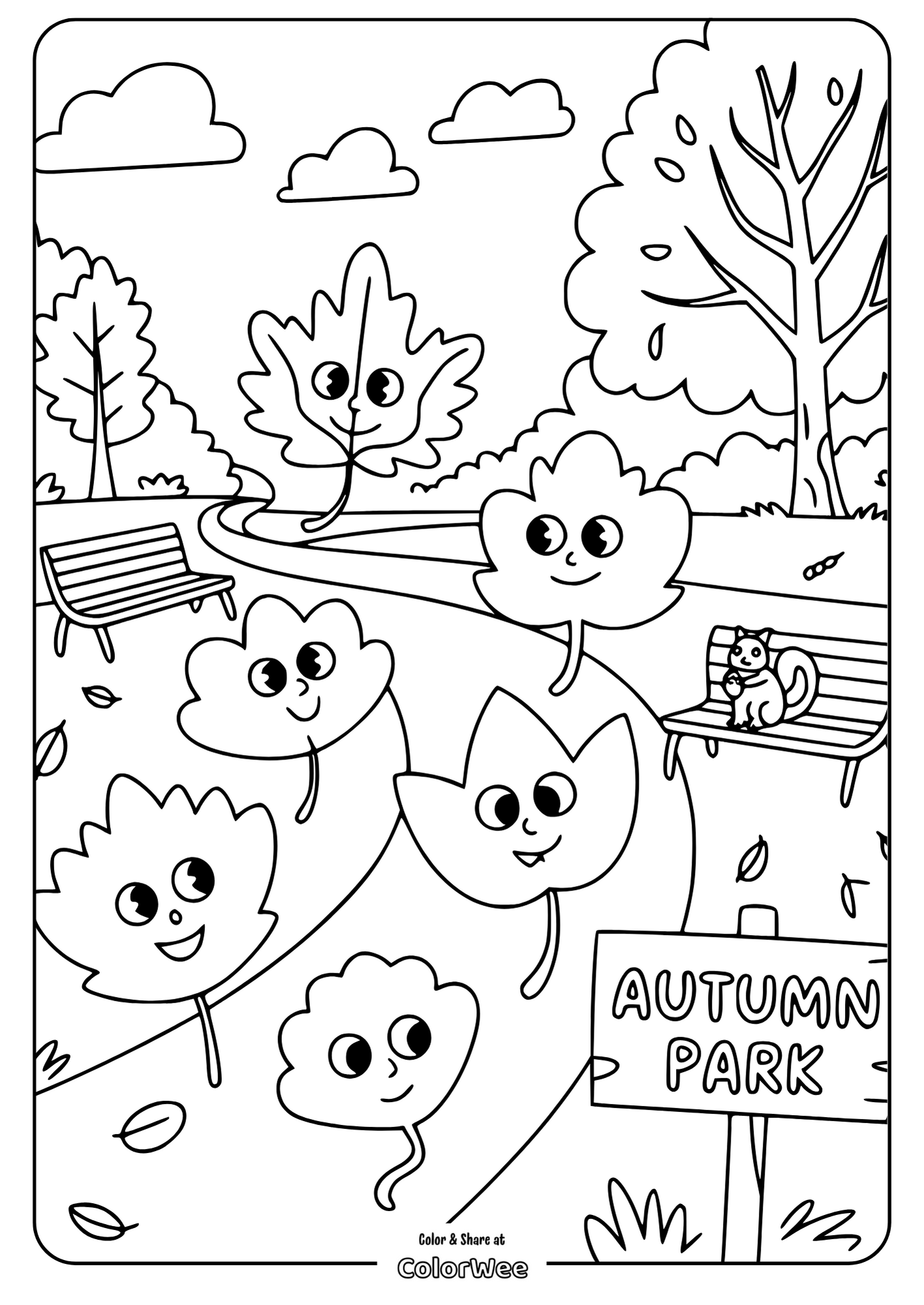 Happy leaves and squirrel in an autumn park coloring page.