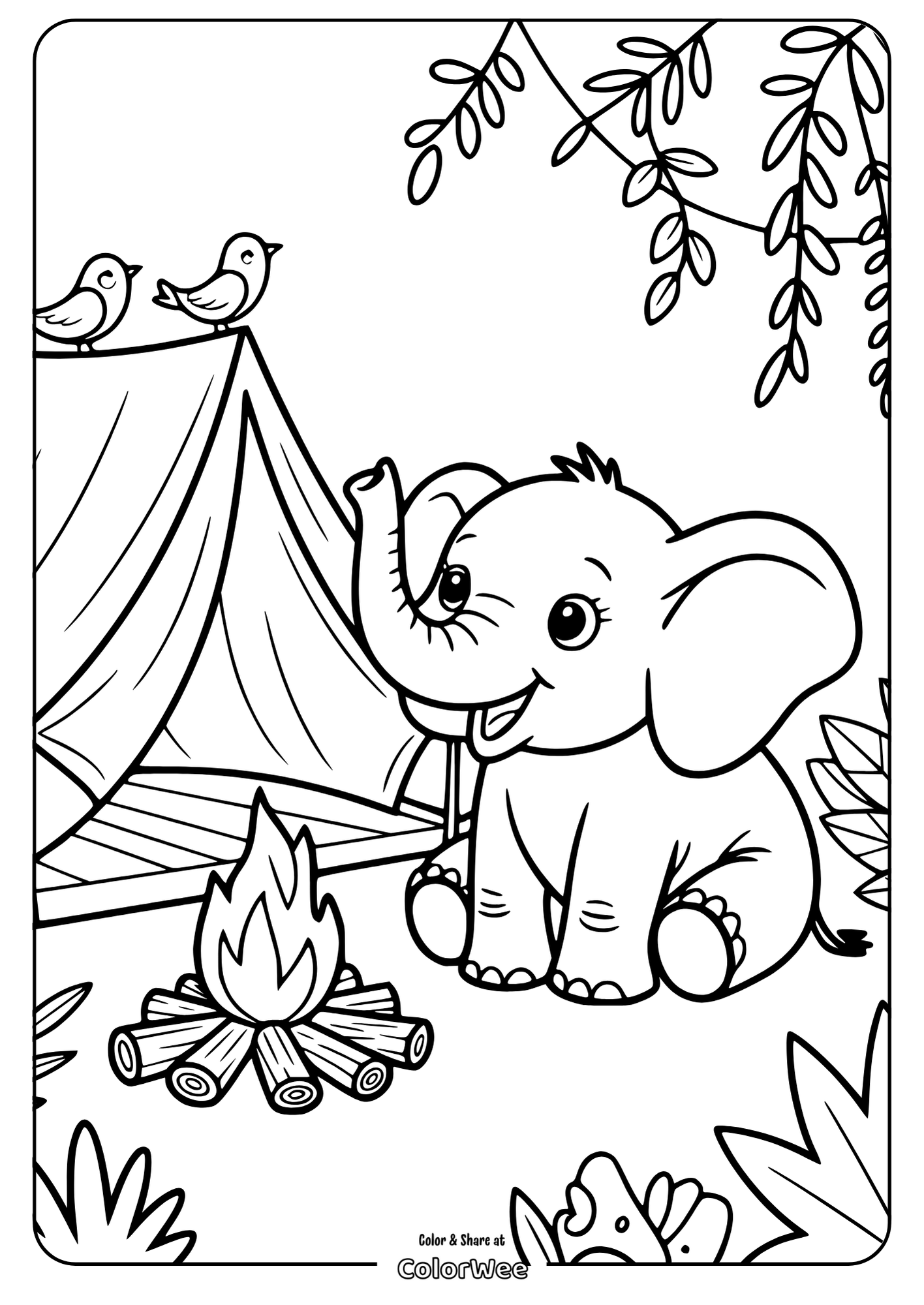 Cute elephant camping with fire and tent coloring page.