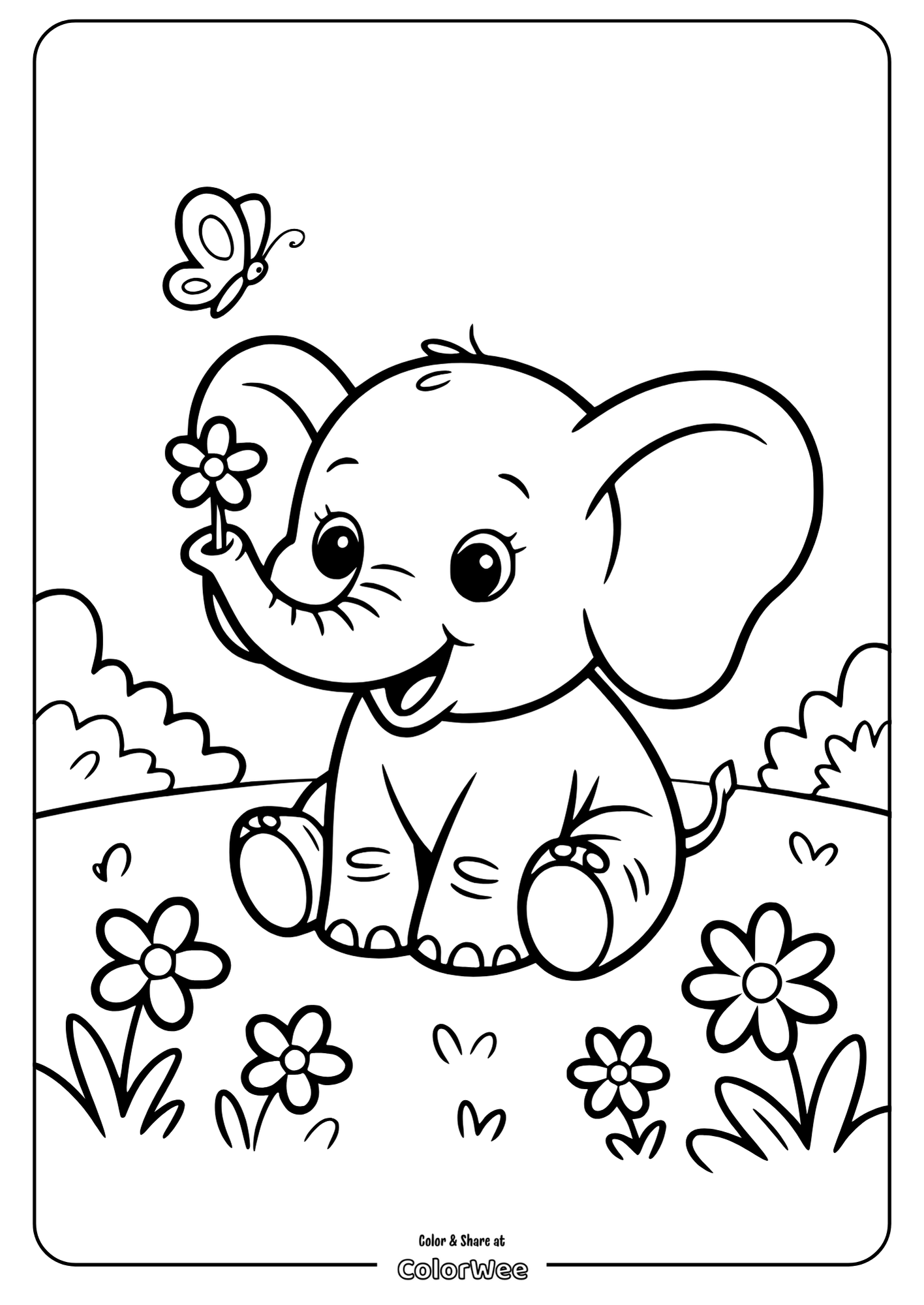 Cute elephant with flowers and a butterfly coloring page.
