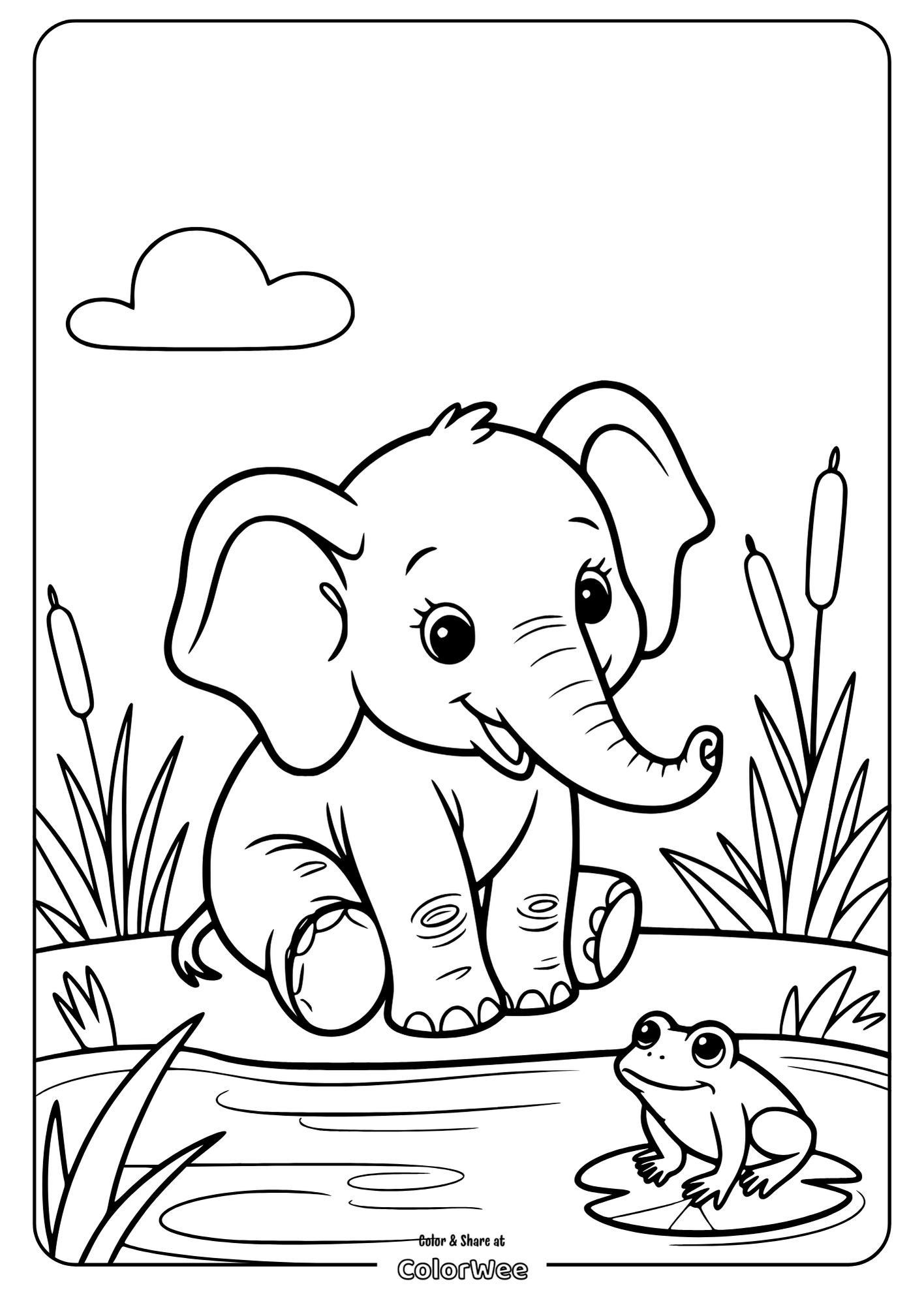 Cute elephant by a pond with a frog coloring page.