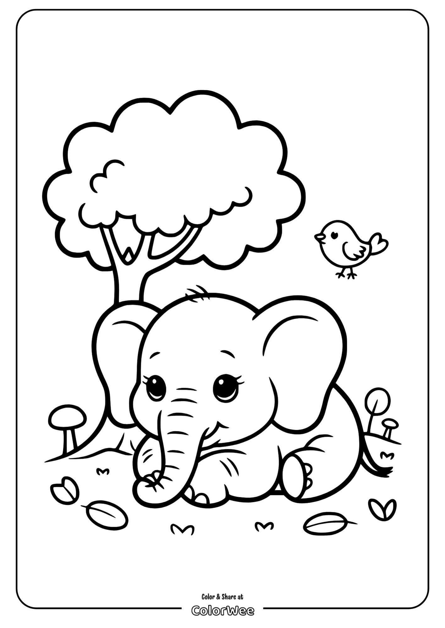 Cute elephant coloring page with bird and tree.