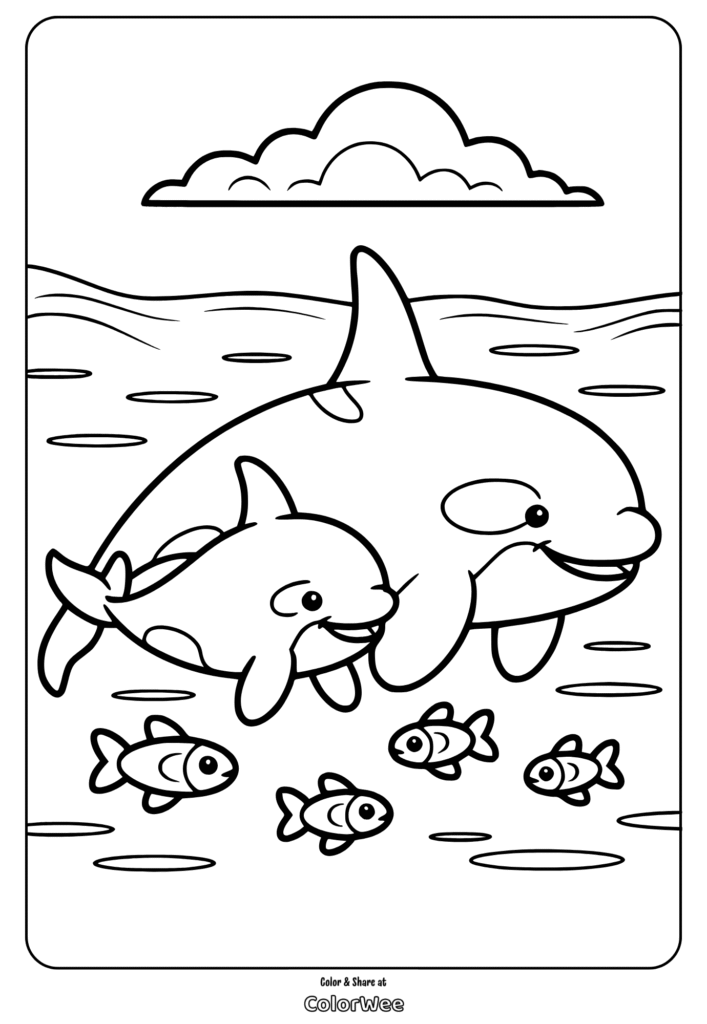 Orca and baby swimming with fish coloring page.