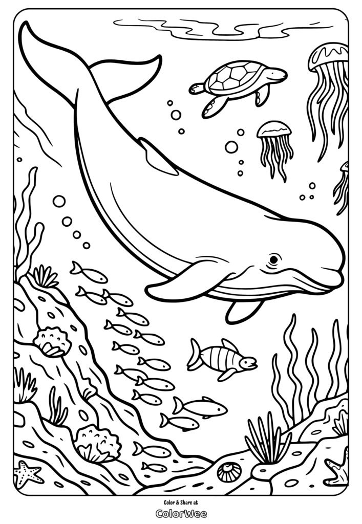 Whale, turtle, fish, jellyfish in ocean coloring page for kids.