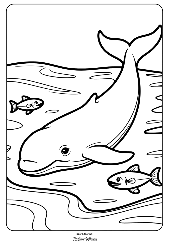 Whale and fish coloring page for kids.