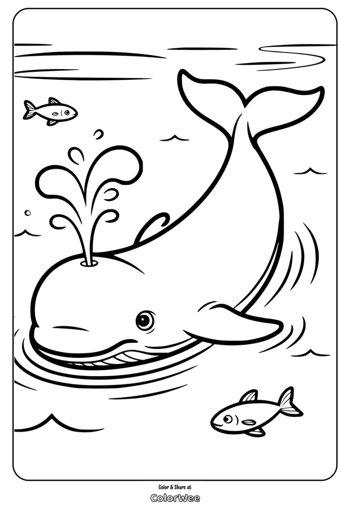 Cute whale coloring page with fish and spouting water.