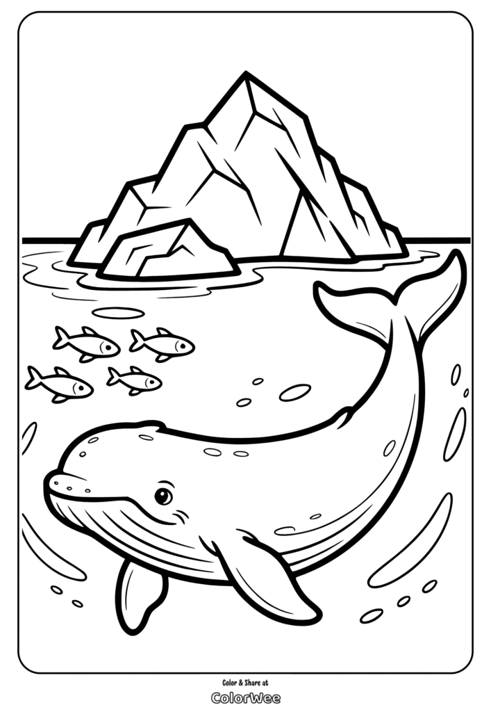 Whale and fish in ocean with iceberg coloring page.