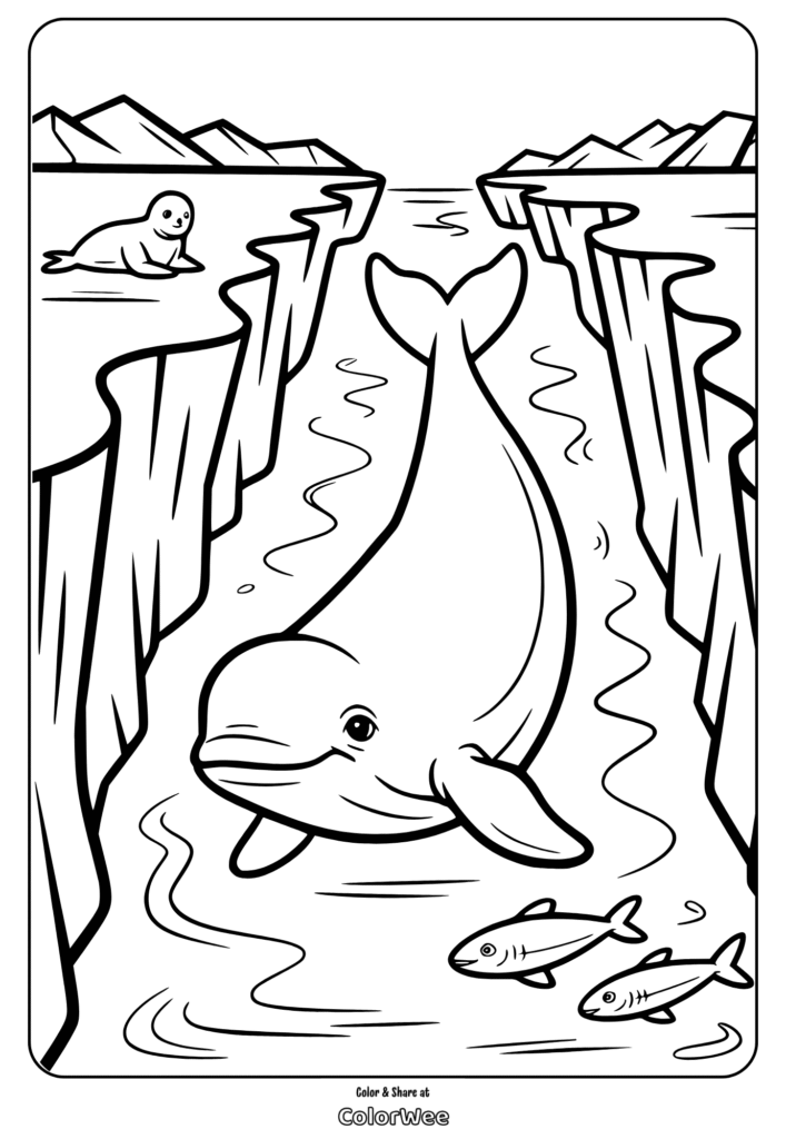 Whale and seal coloring page in icy water.