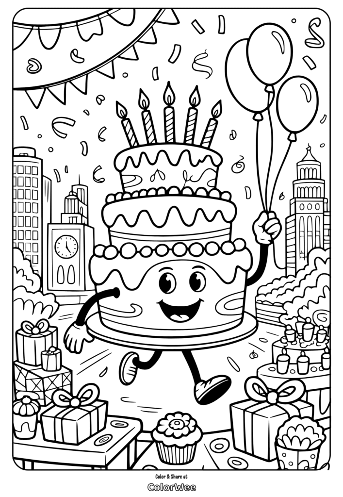 Smiling cake with candles, balloons, and gifts for coloring fun.