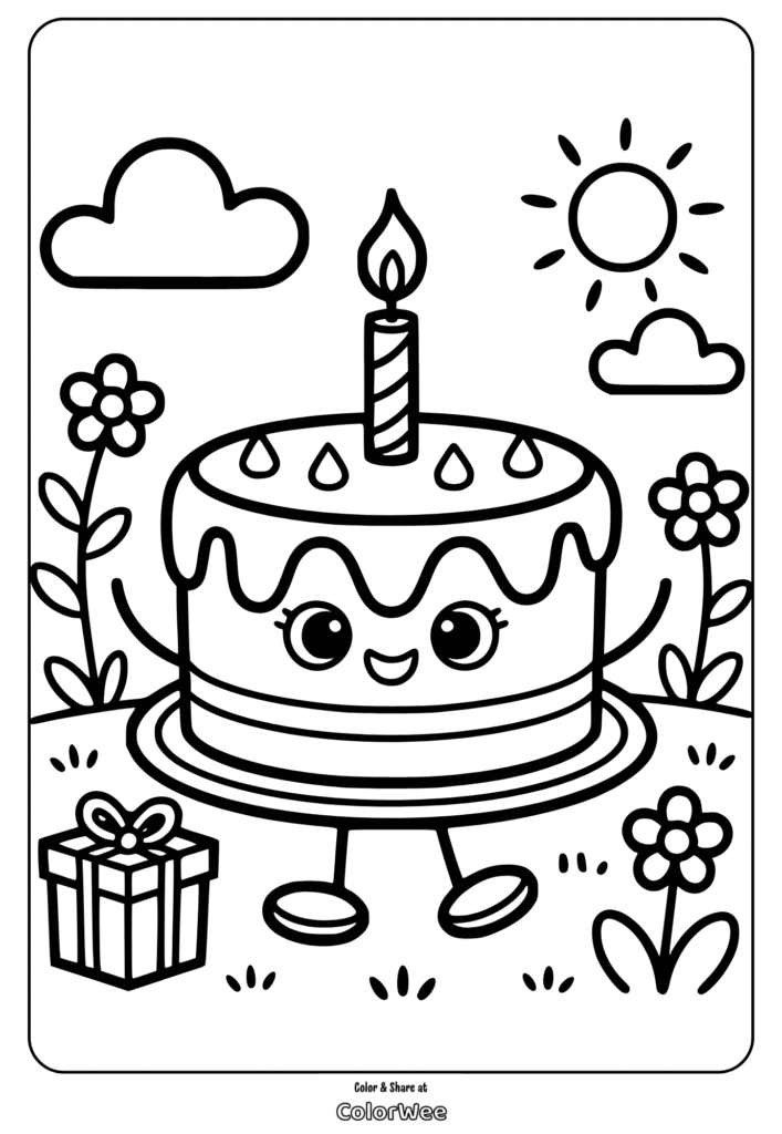 Smiling birthday cake with candle and gift coloring page for kids.
