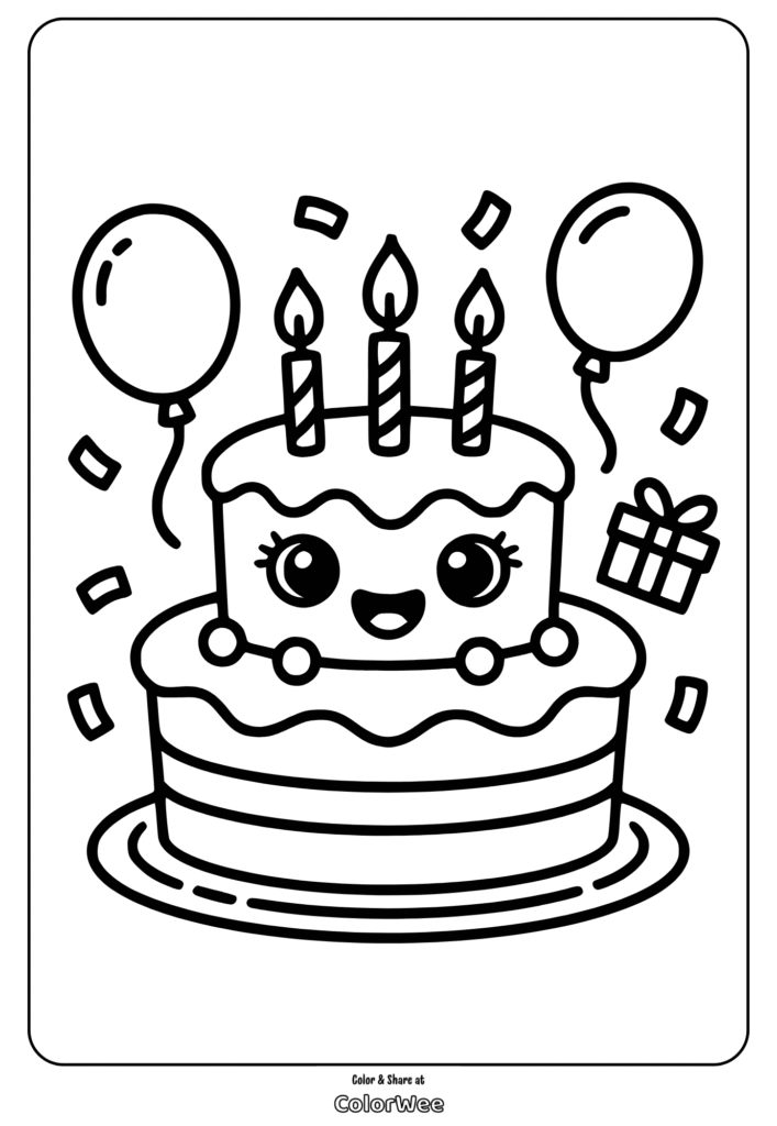 Smiling cake with candles, balloons, and confetti coloring page.
