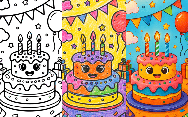 Smiling birthday cake with candles and balloons coloring page.