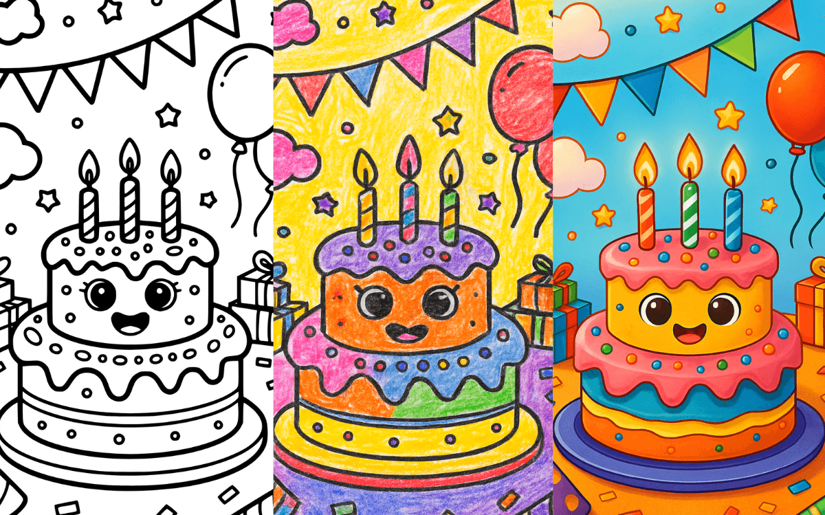 Smiling birthday cake with candles and balloons coloring page.