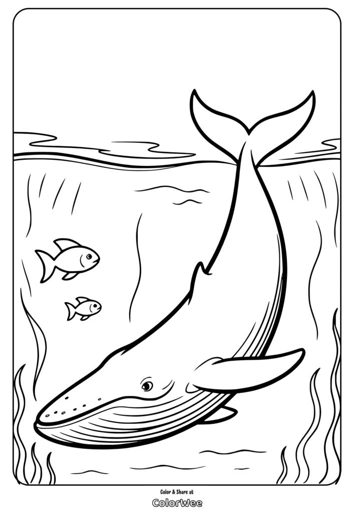 Whale coloring page with fish and underwater scene.