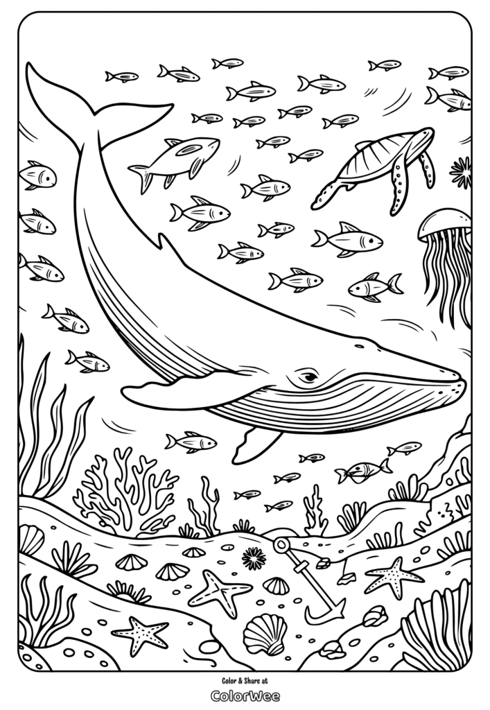 Underwater scene coloring page with whale, fish, turtle, and corals.