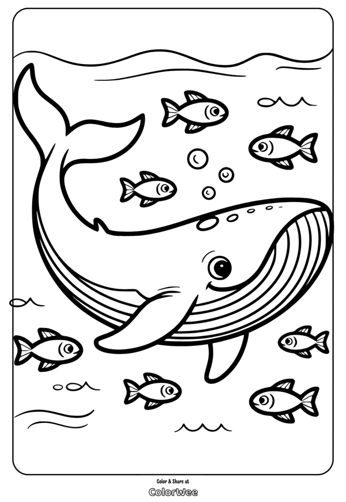 Whale and fish coloring page for kids - underwater scene.