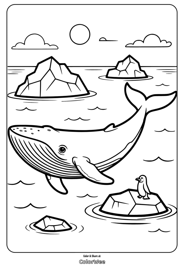 Whale and penguin coloring page with icebergs and sea background.