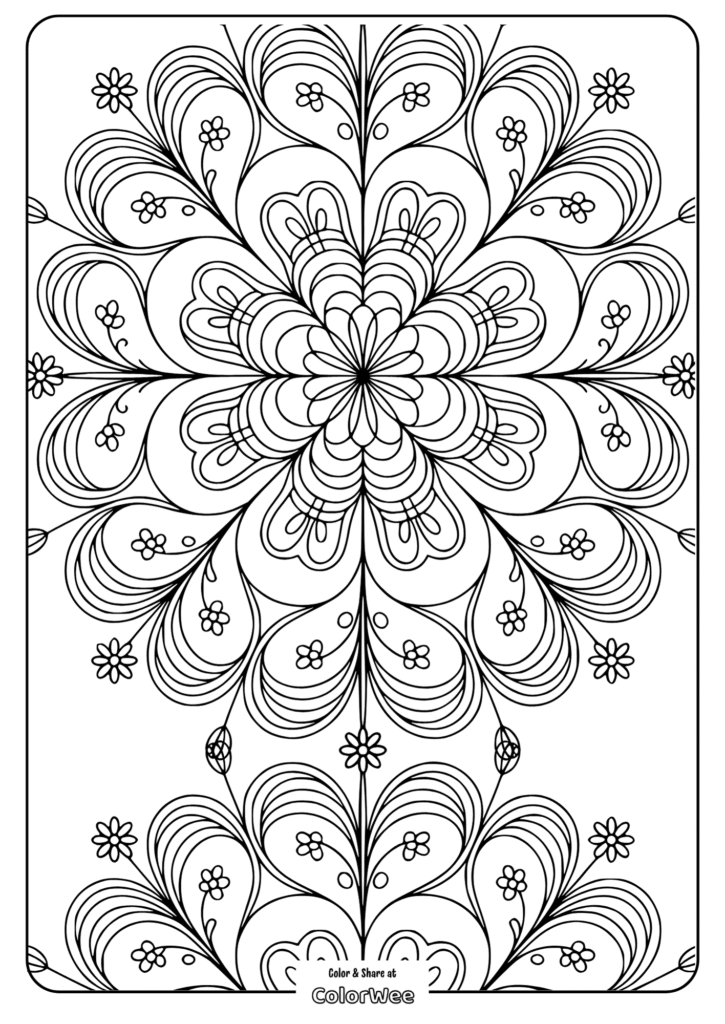Floral mandala coloring page with intricate design for stress relief.