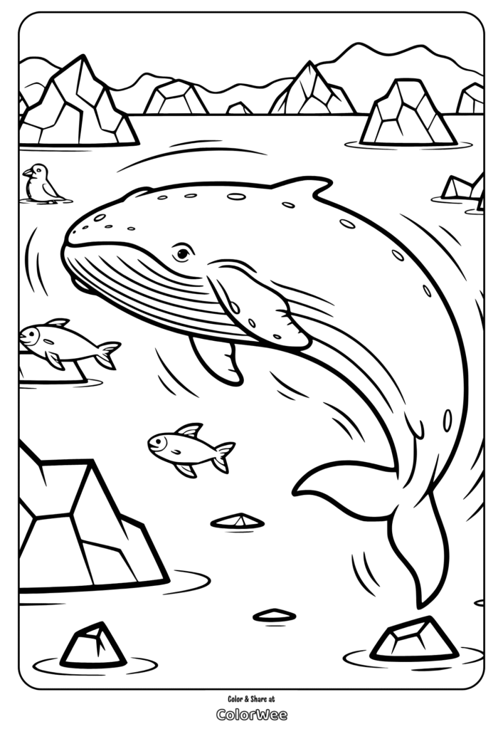 Whale jumping in icy ocean with fish and icebergs coloring page.