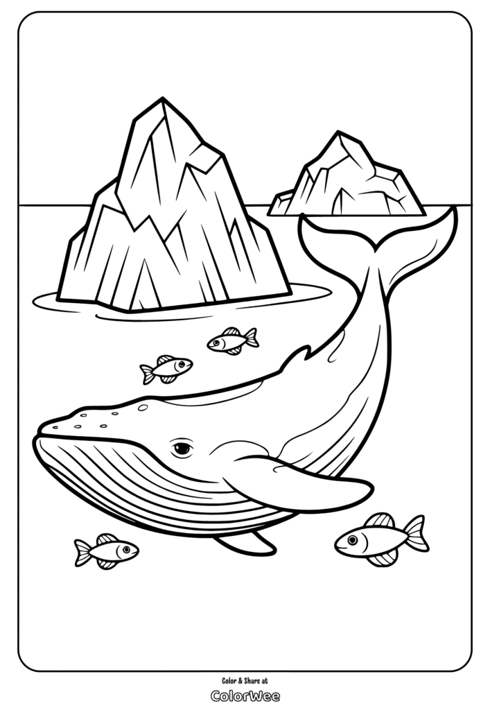 Whale and fish coloring page with icebergs in the background.