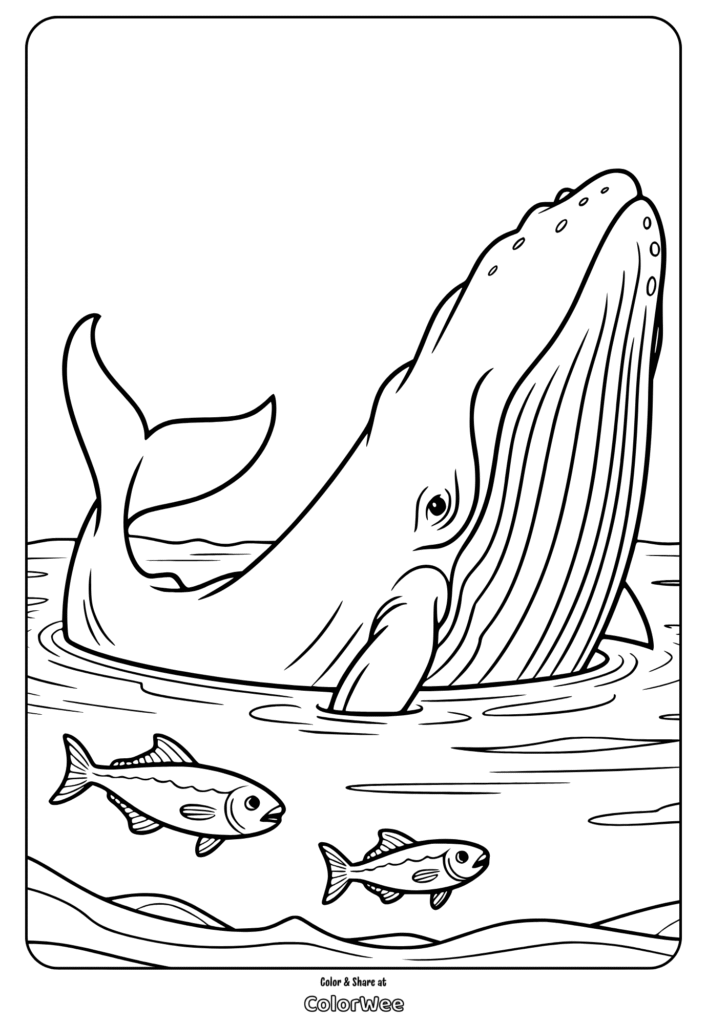 Whale coloring page with fish in the ocean scene for kids