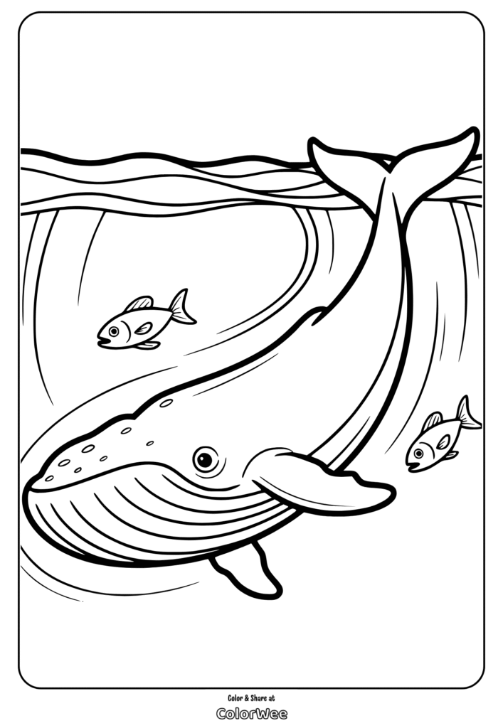 Whale swimming with fish coloring page for kids.