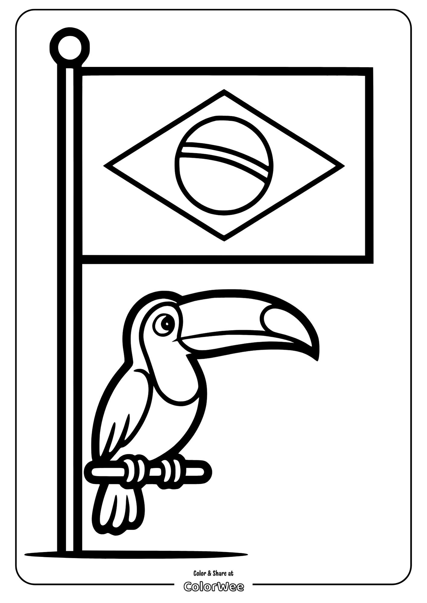 Toucan and Brazilian flag coloring page for kids.