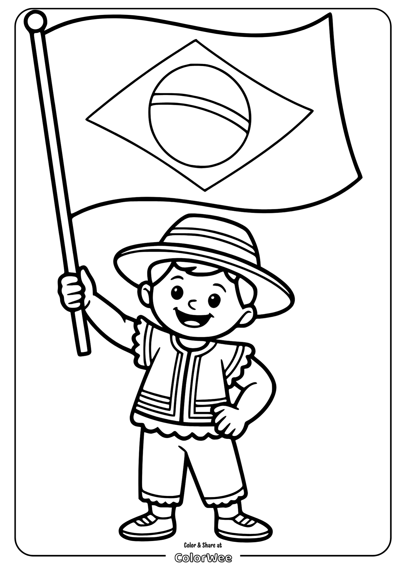 Child holding Brazilian flag coloring page