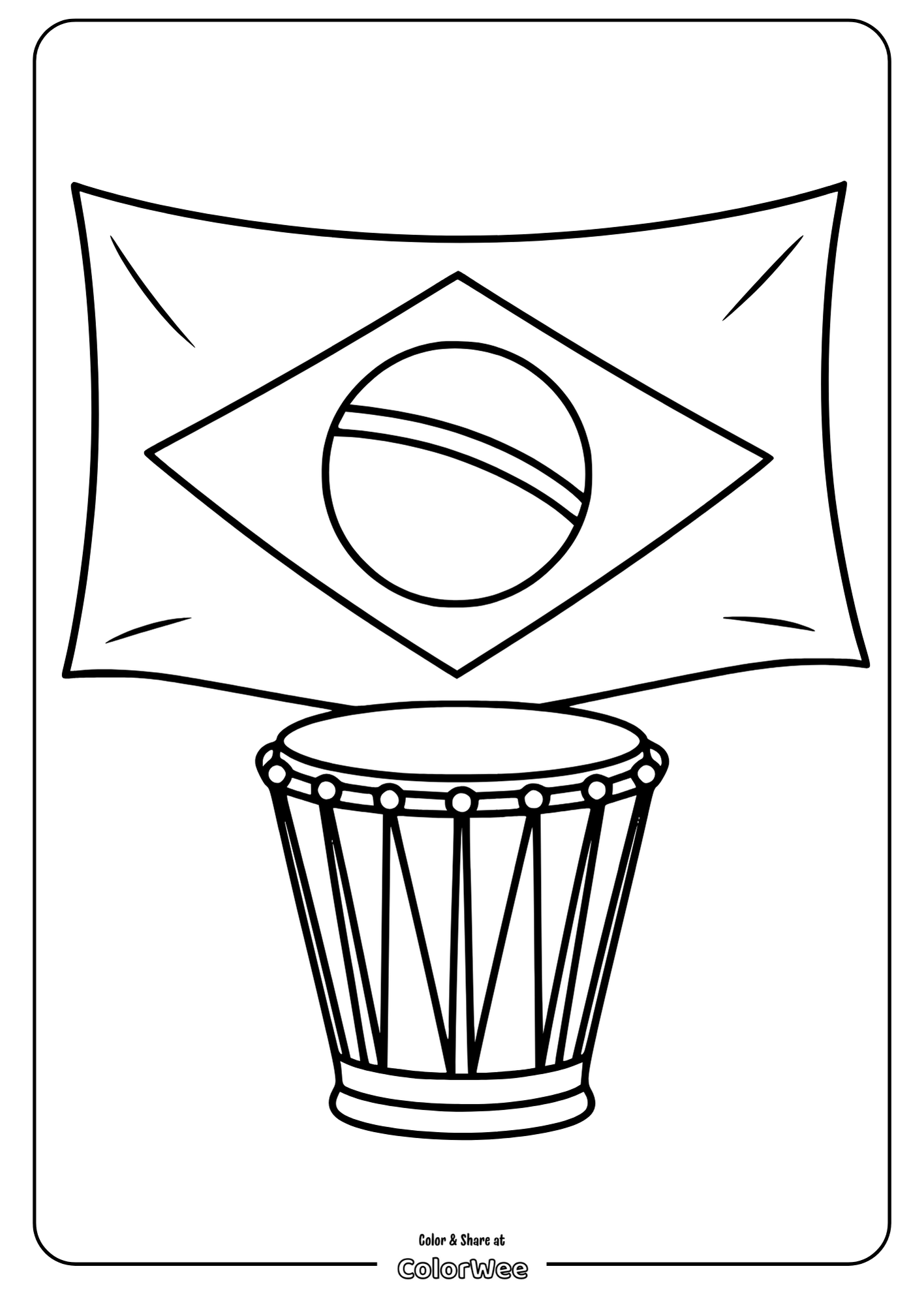 Brazil flag and drum coloring page for kids.