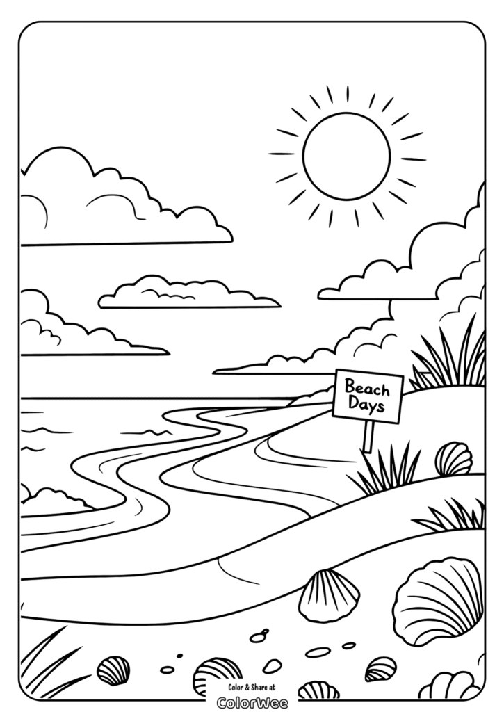 Beach coloring page with sun, sea, and Beach Days sign.
