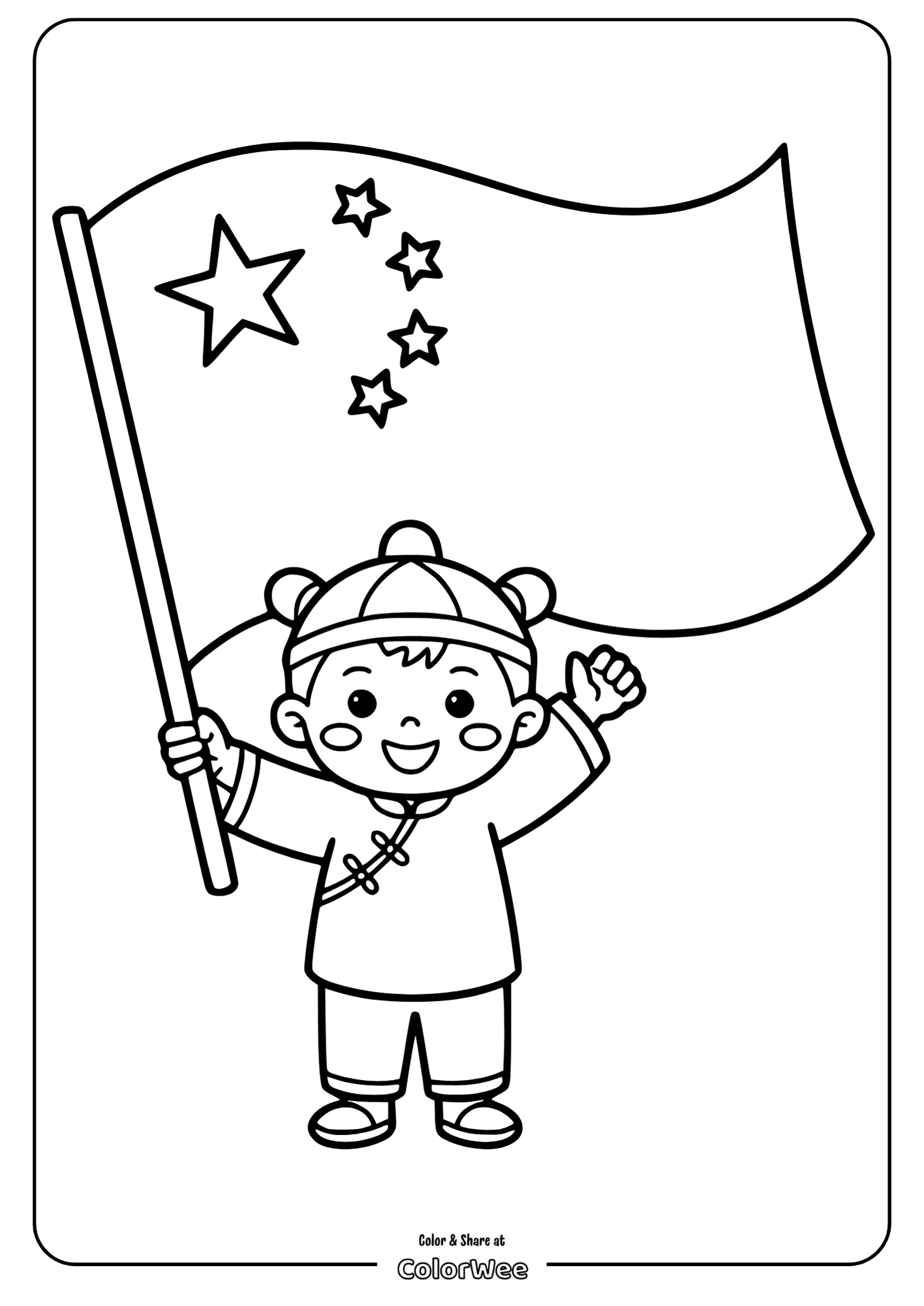 Child holding a flag coloring page for kids.