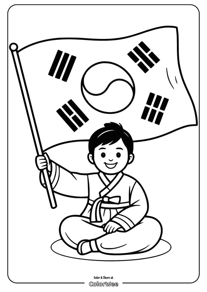 Child in traditional outfit with Korean flag coloring page.