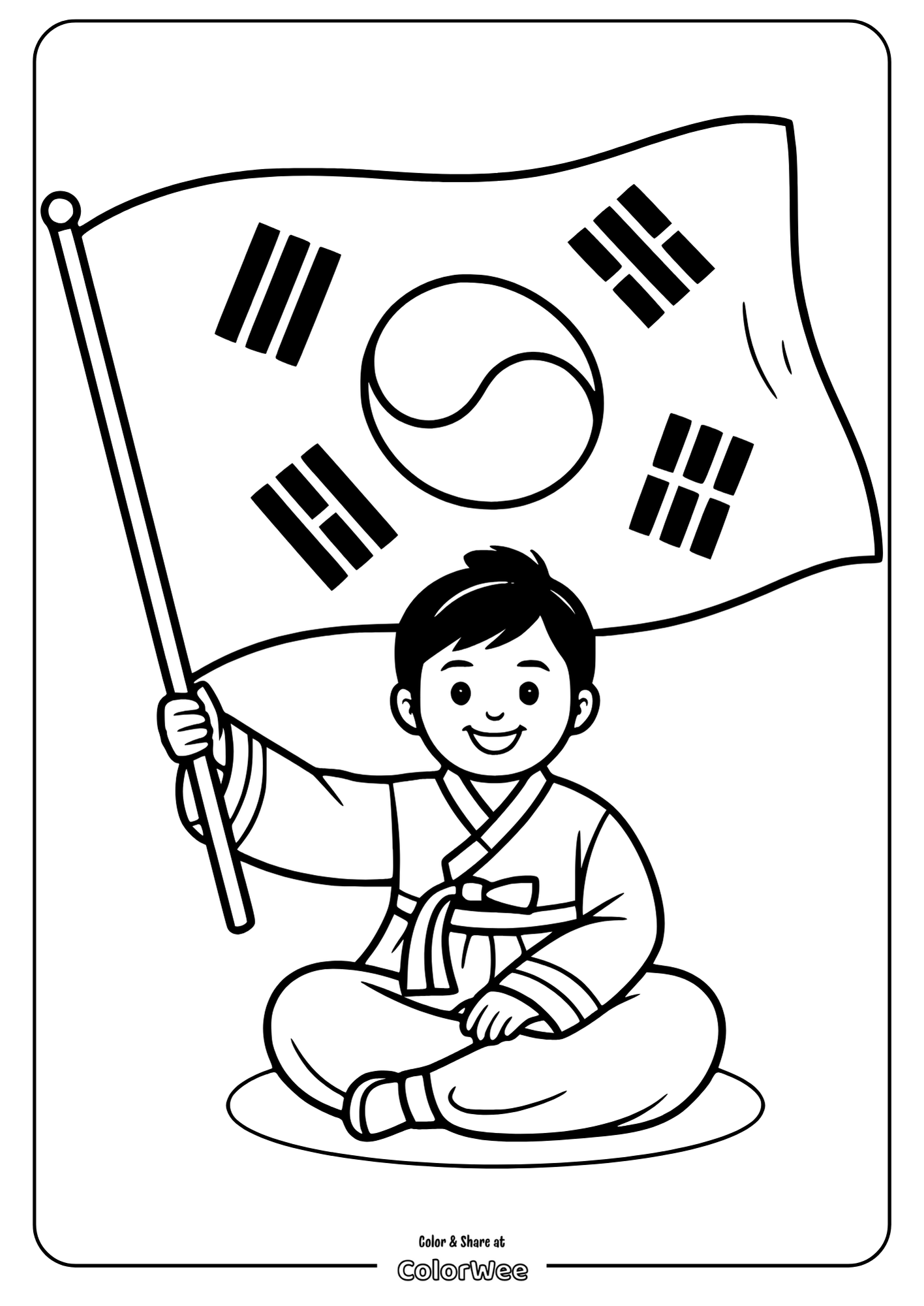 Child in traditional outfit with Korean flag coloring page.