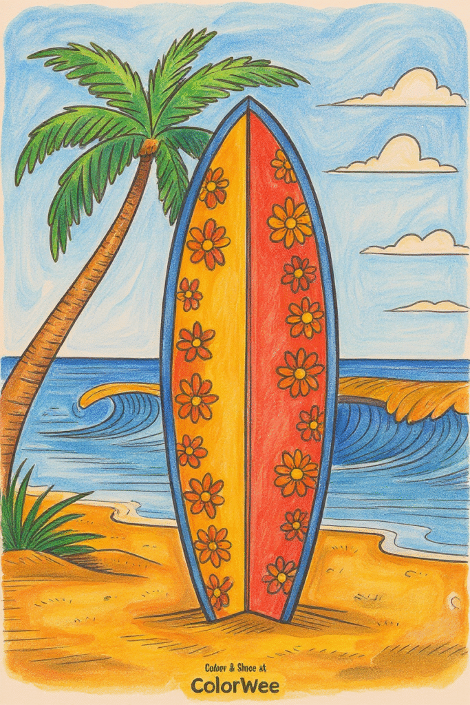 Surfboard at beach with palm tree and ocean scene coloring page.